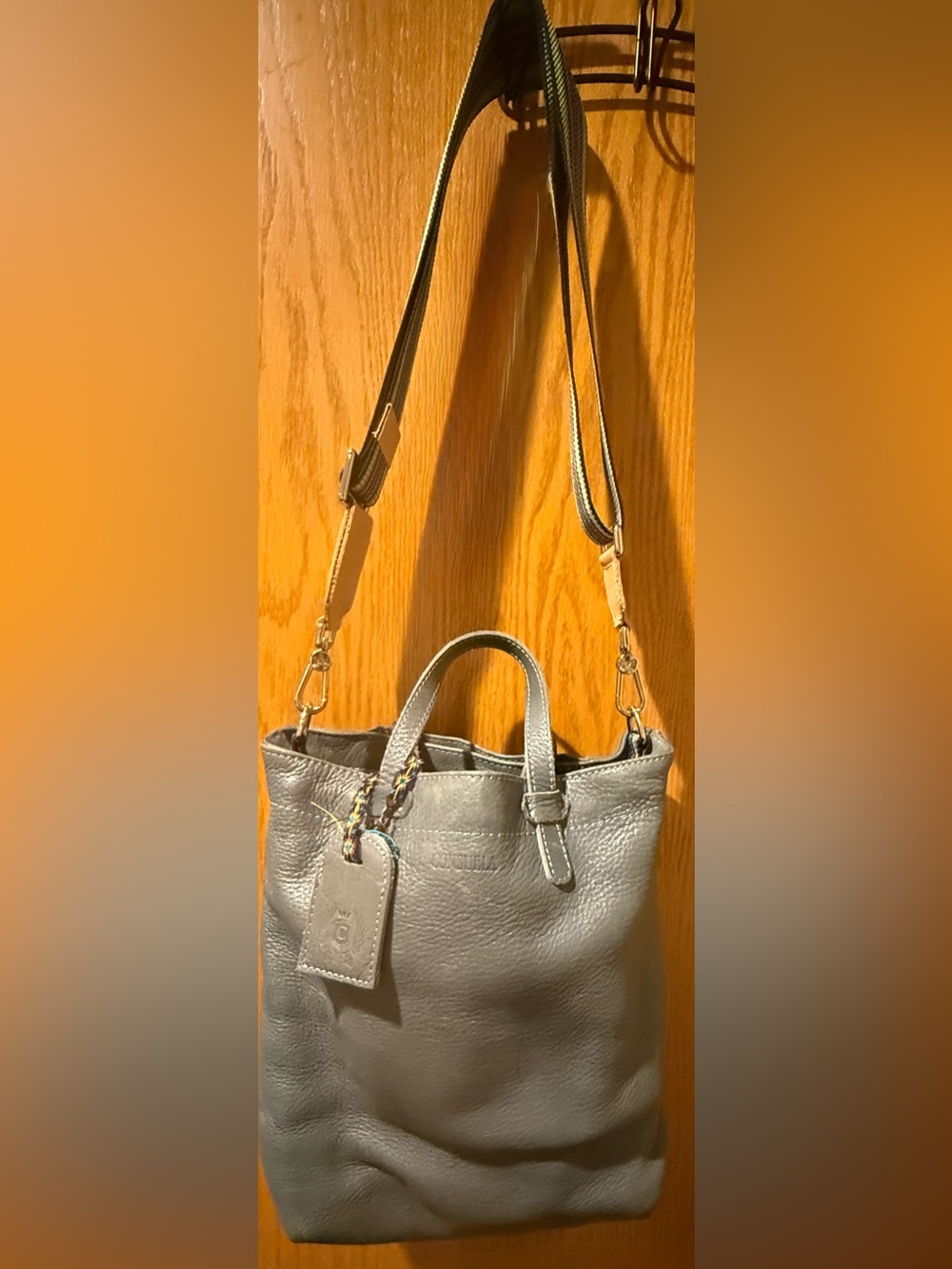 CONSUELA Grey Leather Bucket Tote with Detachable Strap & Several Pockets